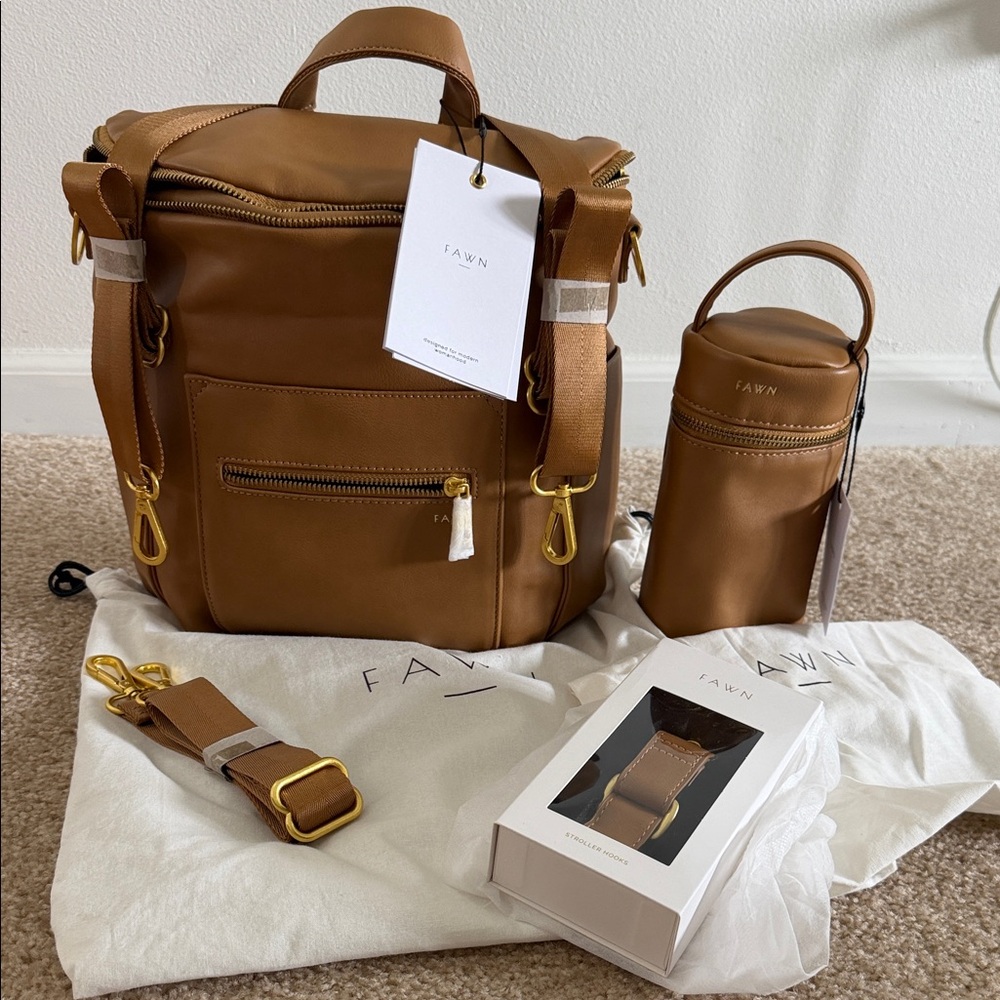 NWT Fawn Design Mini Diaper Backpack-Carmel Tan Vegan Leather + Accessories